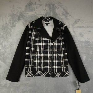 Halogen Womens Moto Jacket Black White Plaid‎ Full Zip Stretch Collar XS New
